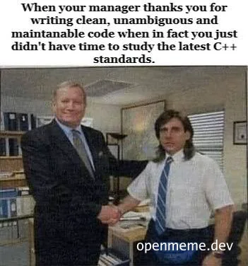 Two office workers shaking hands, one with long hair and a blue bag, the other in a suit.