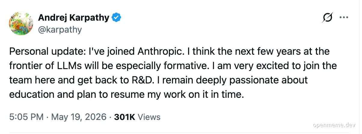 Andrej Karpathy joins Anthropic