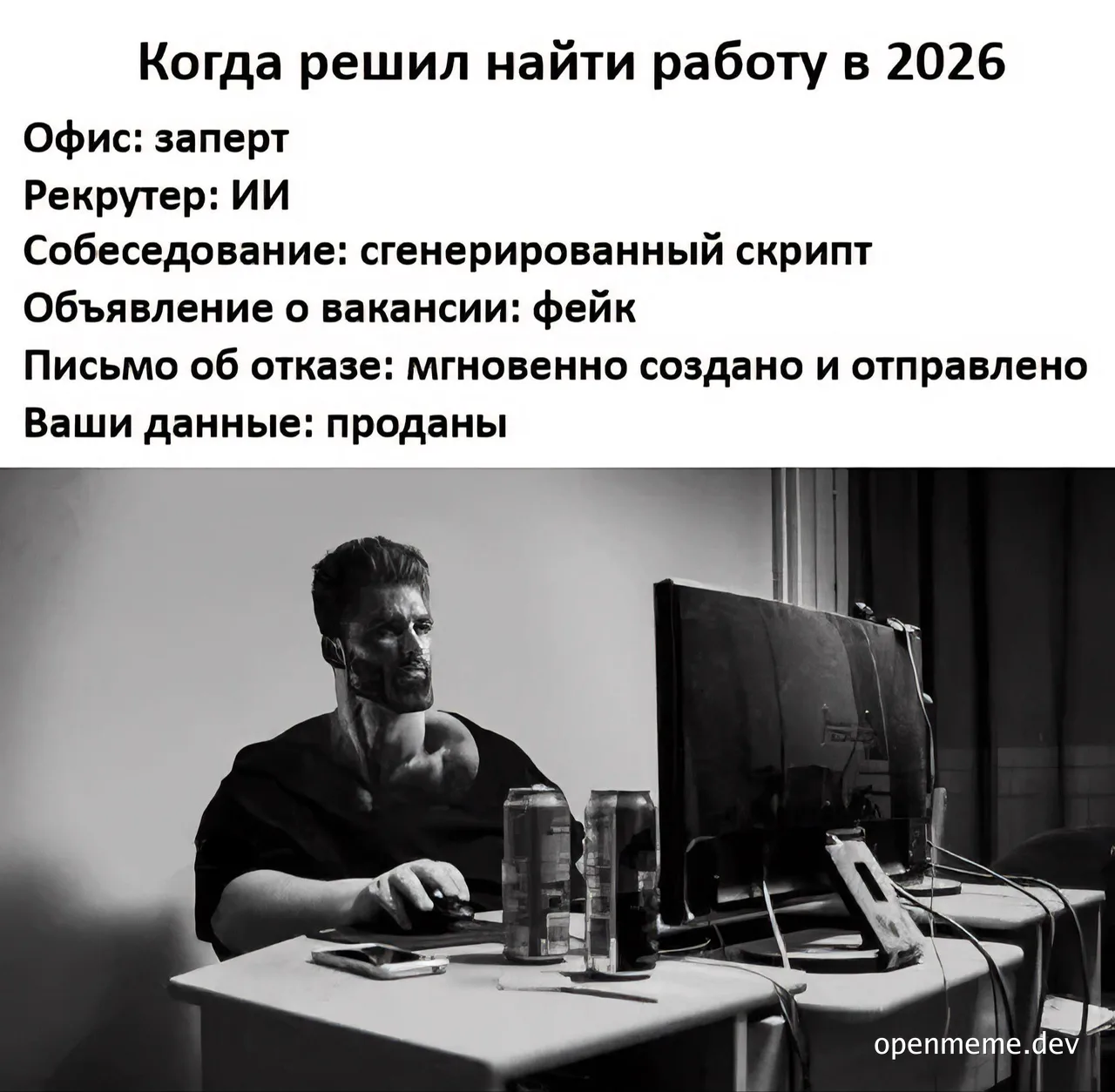 a man sitting at a desk with a computer and cans of soda looking frustrated