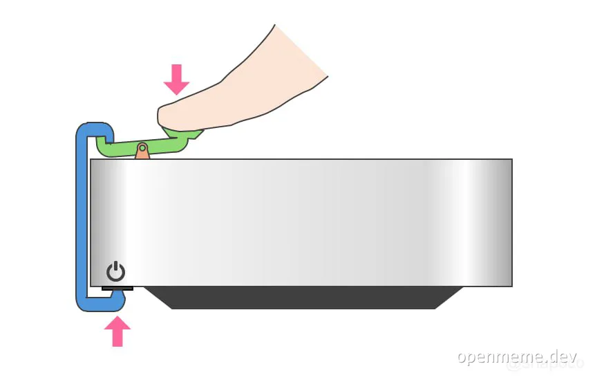 Illustration of a hand pressing a green mechanical lever to turn off a computer with a power button
