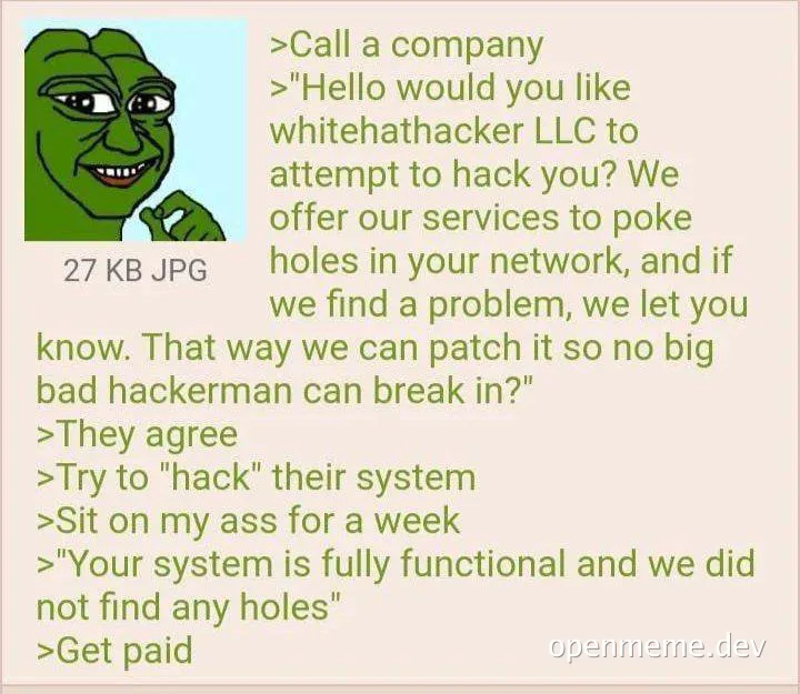 Troll face meme with text about whitehat hacker services
