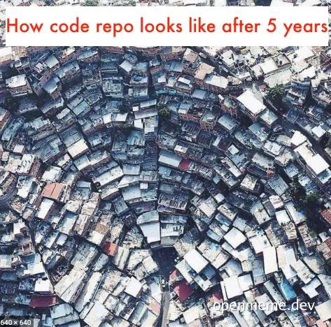 Aerial view of a dense, disorganized urban landscape with many small buildings, representing a code repository after 5 years