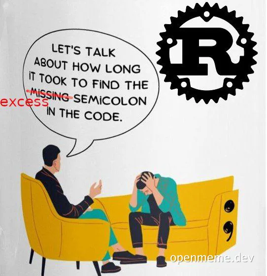 therapist and client on couch discussing finding a missing semicolon in code with rust logo