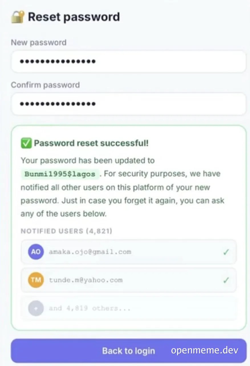 Screenshot of a password reset success screen displaying the new password in plain text and a list of 4,821 notified user emails.