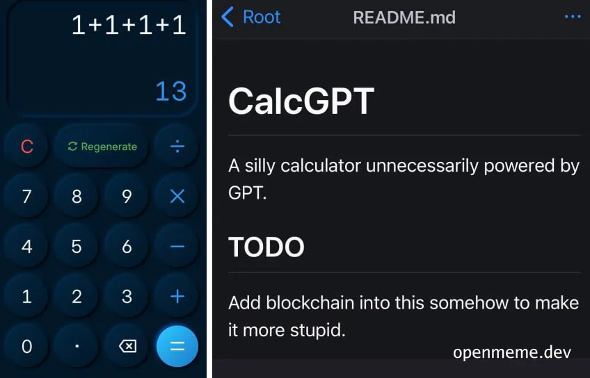 A calculator screen with 1+1+1+1=13 and a code editor screen with CalcGPT and TODO notes