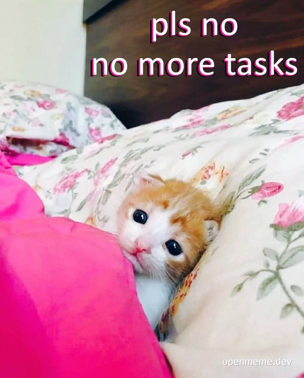cat under the blanket with text 'pls no no more tasks'