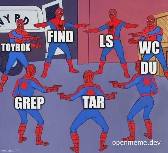 Spiderman pointing at each other with labels ls, find, wc, du, grep, tar, toybox