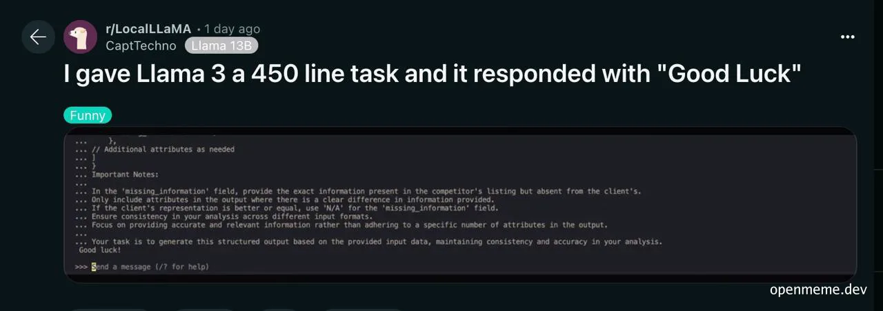 Llama 3 AI response to 450 line task