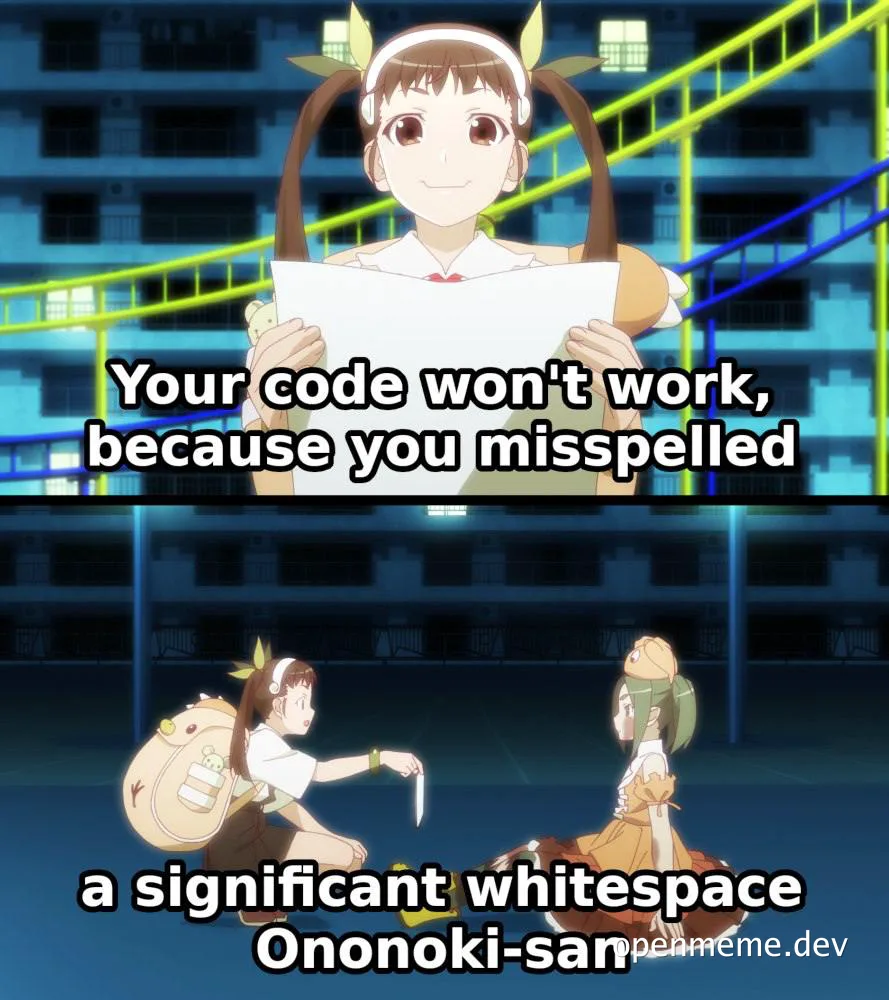 Anime girl holding a paper with text 'Your code won't work, because you misspelled a significant whitespace Ononoki-san'