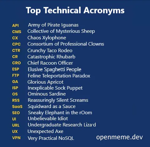 humorous list of technical acronyms with silly meanings