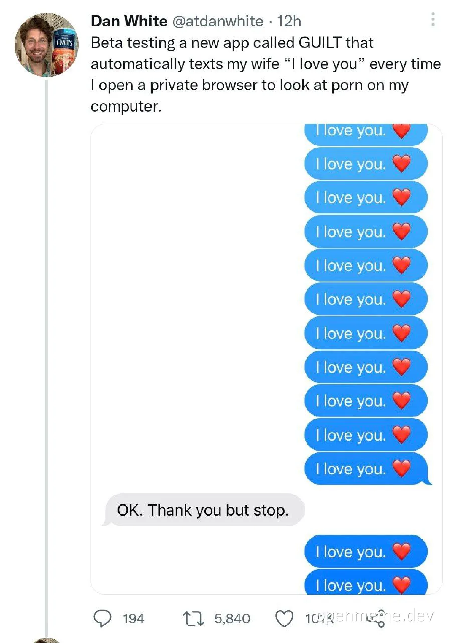 a screenshot of a mobile text conversation showing automated 'I love you' messages