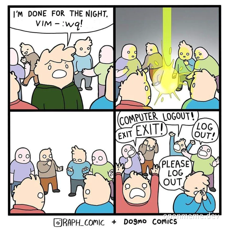 Cartoon comic about a developer trying to exit vim and coworkers freaking out