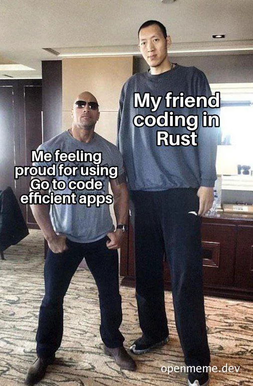 Dwayne 'The Rock' Johnson and a tall man standing side by side with overlaid text comparing coding skills in Go and Rust