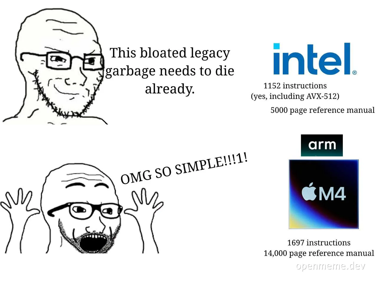 Two-panel meme comparing Intel and ARM CPU architectures