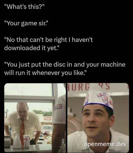 Confused man in a fast food uniform and another man looking puzzled