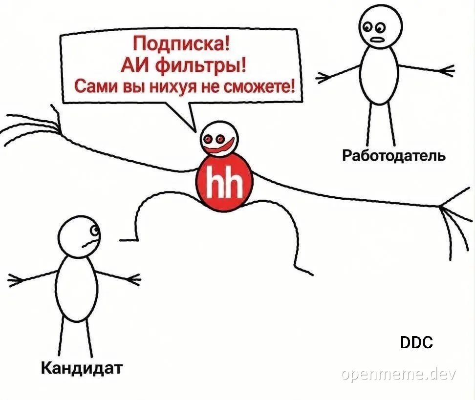 Stick-figure comic: a character with the red hh logo hangs from a rope shouting about subscriptions and AI filters, while an