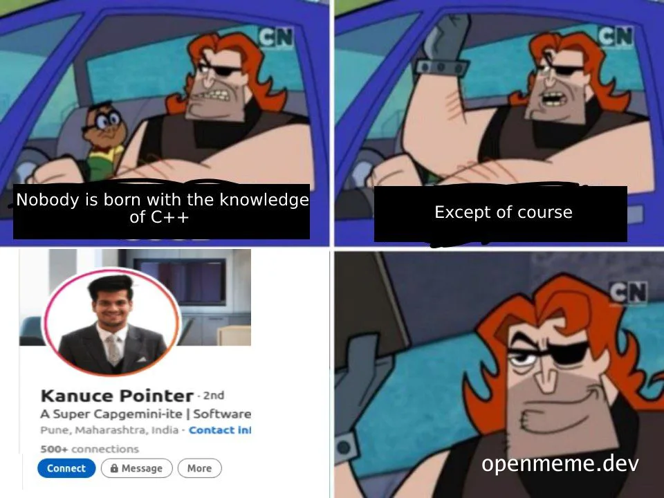 C++ meme with cartoon character and LinkedIn profile