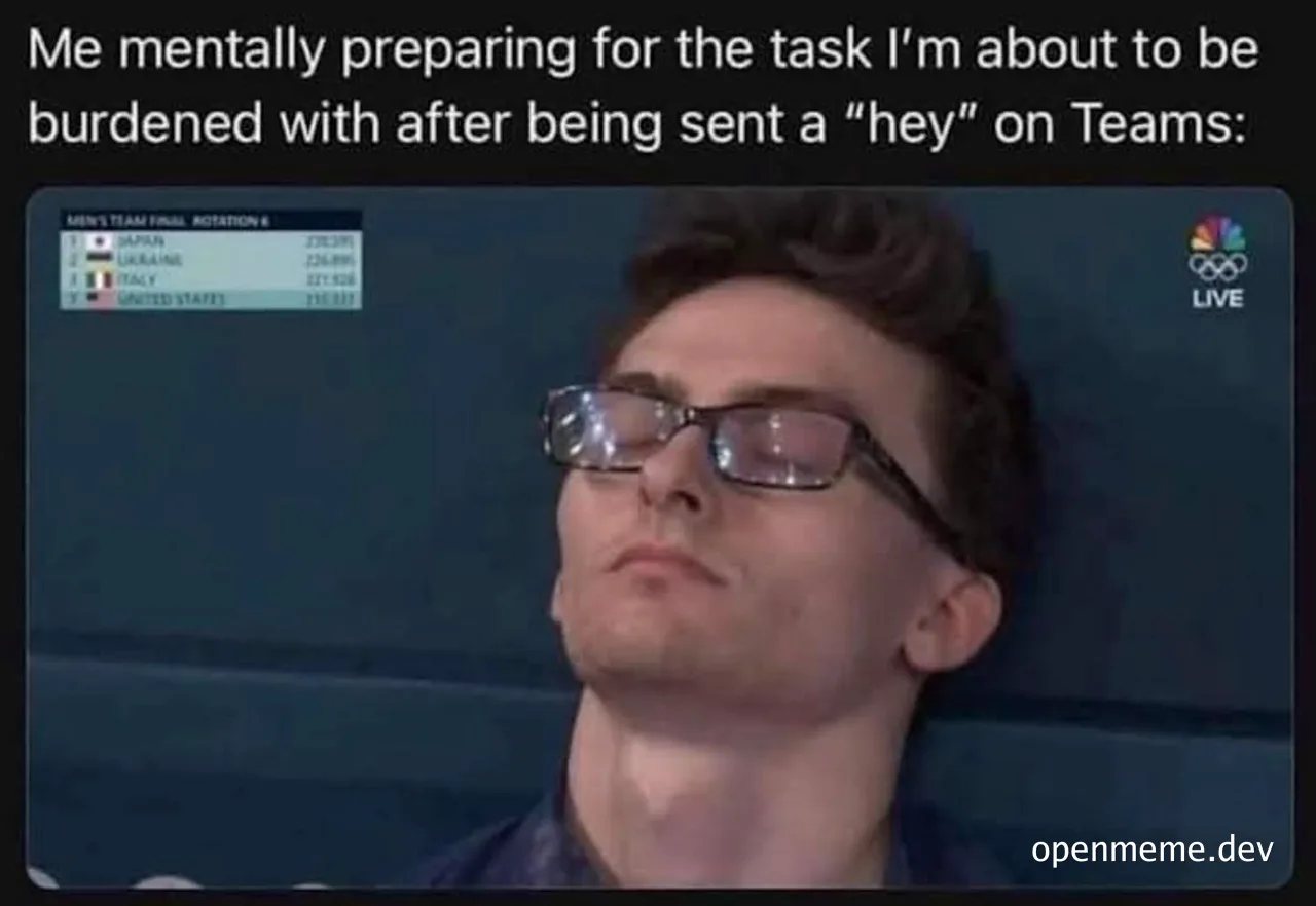 Man with glasses looking up, appearing stressed or overwhelmed, with a screenshot of an Olympic event in the background.