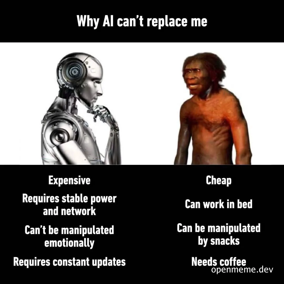 Robot and caveman comparing reasons AI can't replace humans