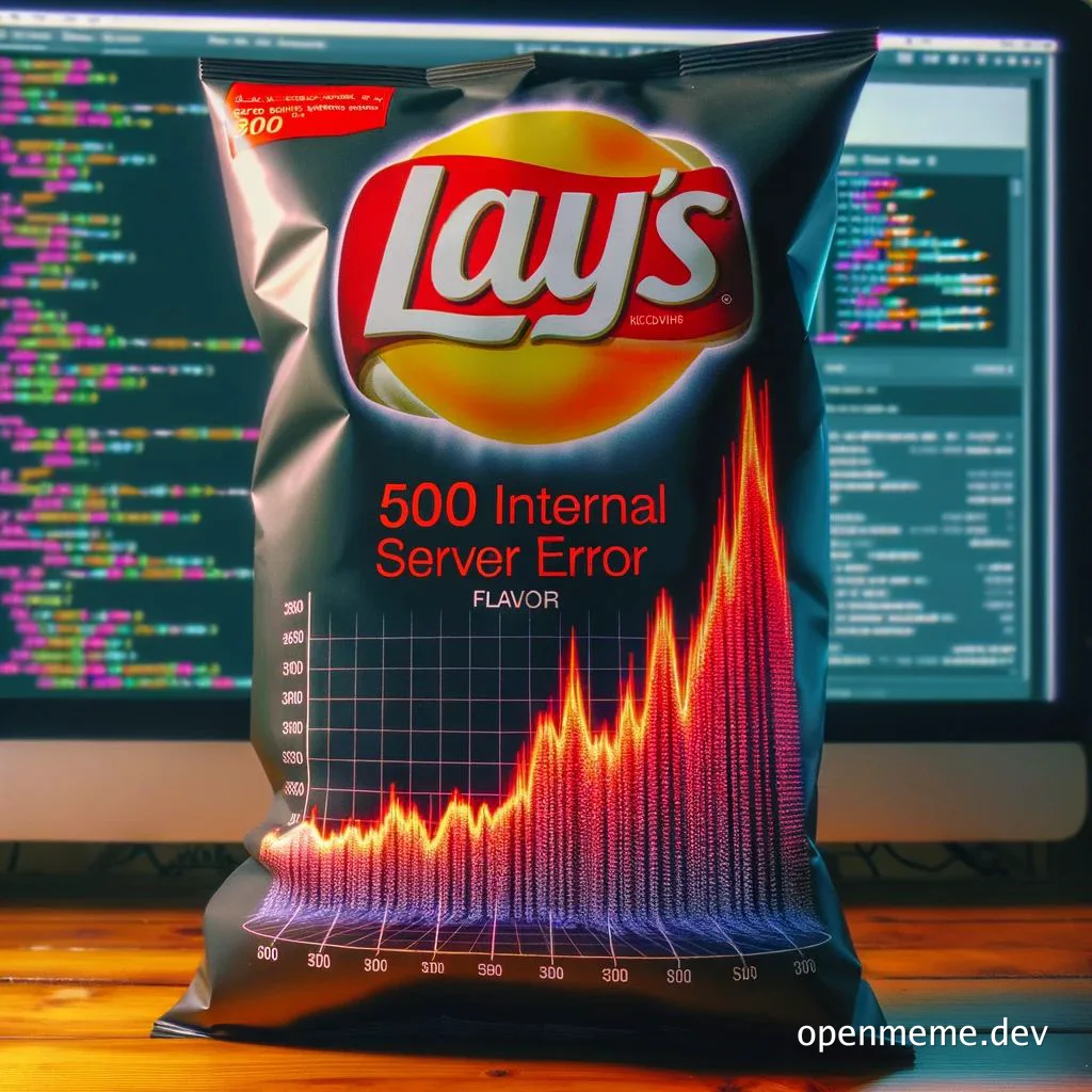 Lay's 500 Internal Server Error flavor bag with a graph on the front and coding screens in the background