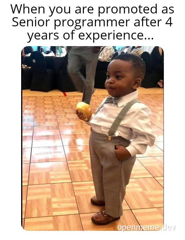 a young boy in a white shirt and gray suspenders and pants holds a pastry and looks to the side with a smug expression, with text above the image reading When you are promoted as Senior programmer after 4 years of experience...