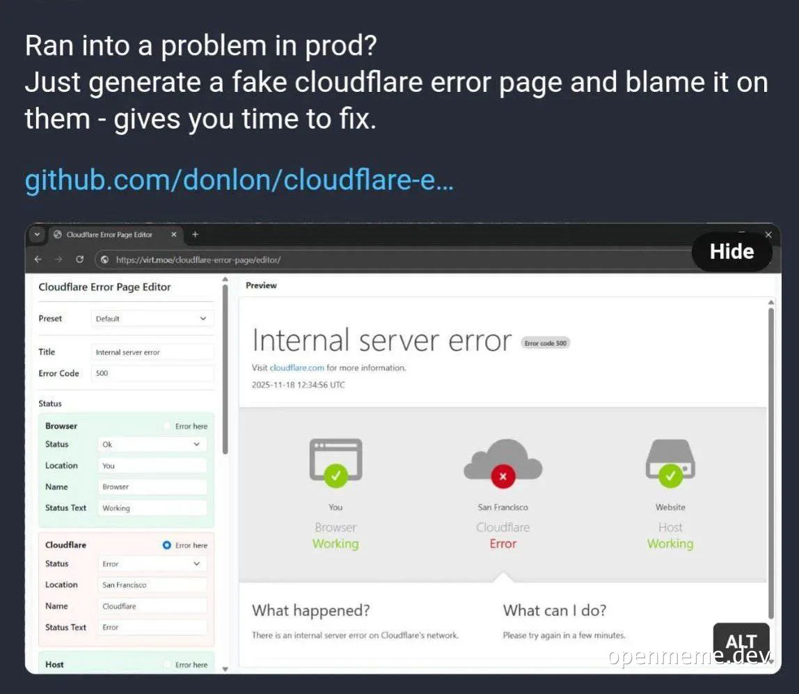 A screenshot of a fake Cloudflare error page editor with a humorous caption about blaming Cloudflare for production problems.