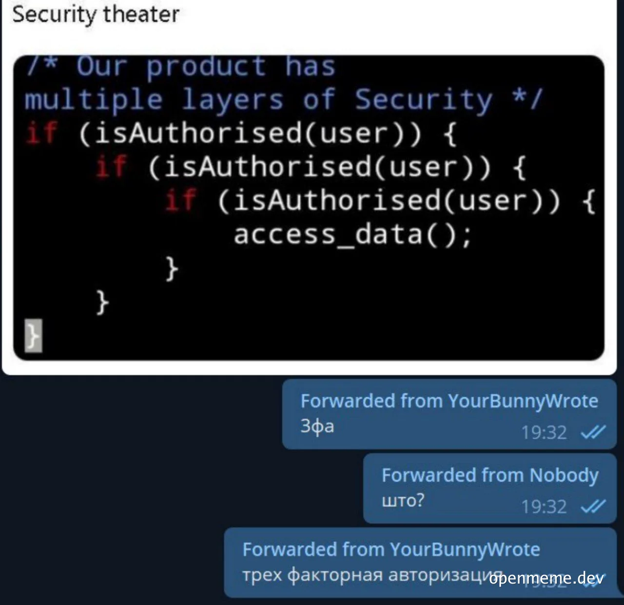 Security theater joke with nested authorization checks