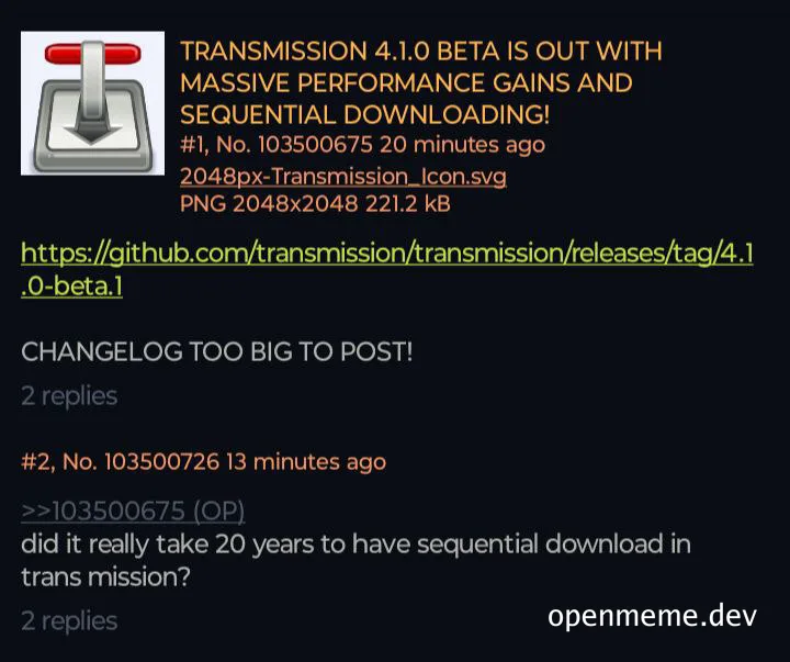 Transmission 4.1.0 beta release with sequential downloading