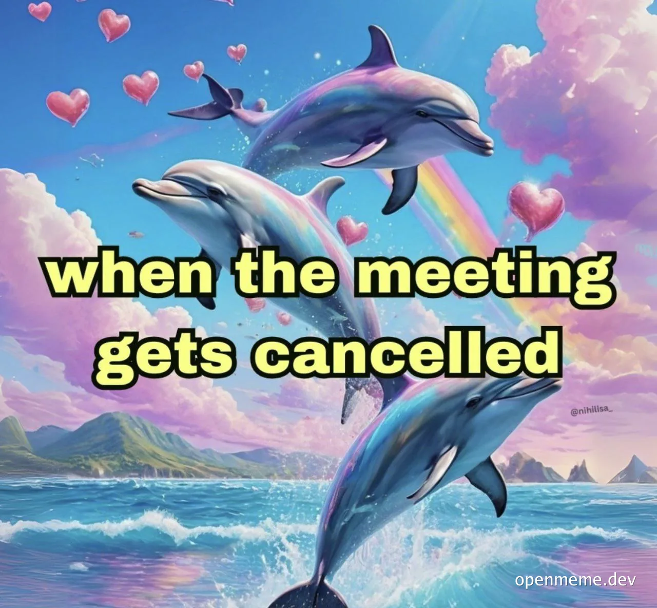Dolphins jumping with rainbow and heart balloons, text 'when the meeting gets cancelled'