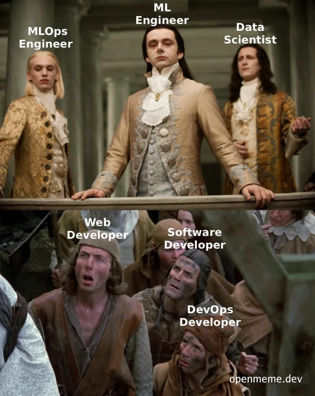 Nobility and peasant meme with ML engineer, MLOps engineer, data scientist, web developer, software developer, and DevOps developer labels