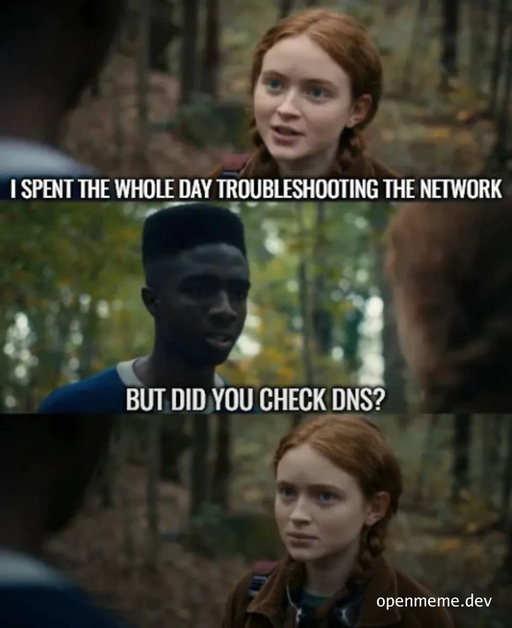 Meme of woman and man in forest with text 'I spent the whole day troubleshooting the network. But did you check DNS?'