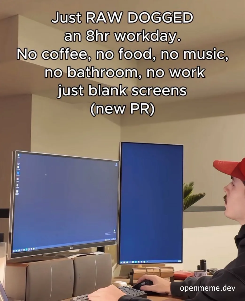 Programmer working on dual monitors with blank screens