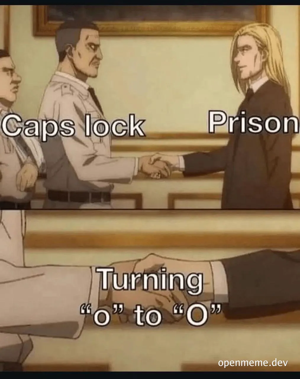 Cartoon characters shaking hands with text about caps lock and typing
