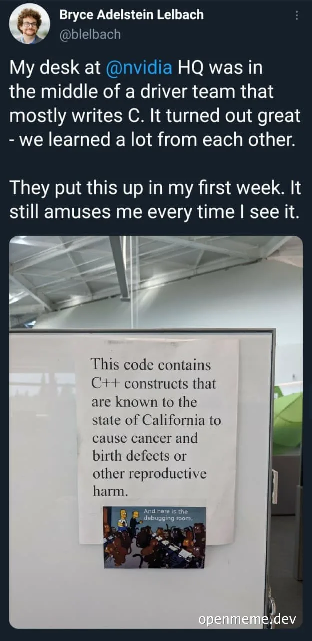 A humorous office sign on a fridge with a Simpsons meme about C++ code health warnings