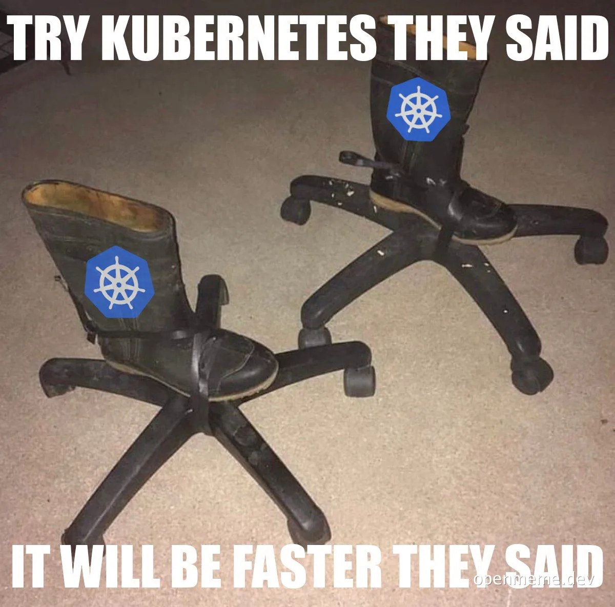 Two broken office chairs with Kubernetes logos on them