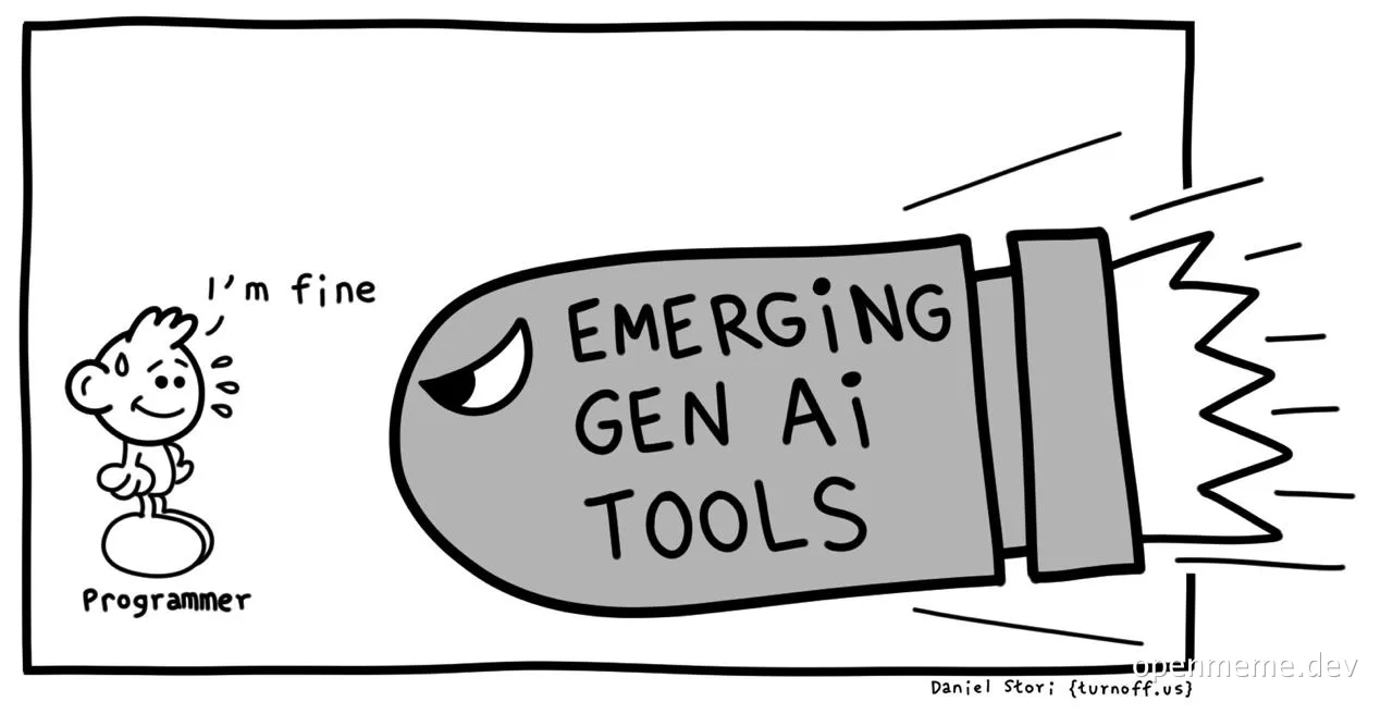 Cartoon programmer reacts to emerging gen ai tools