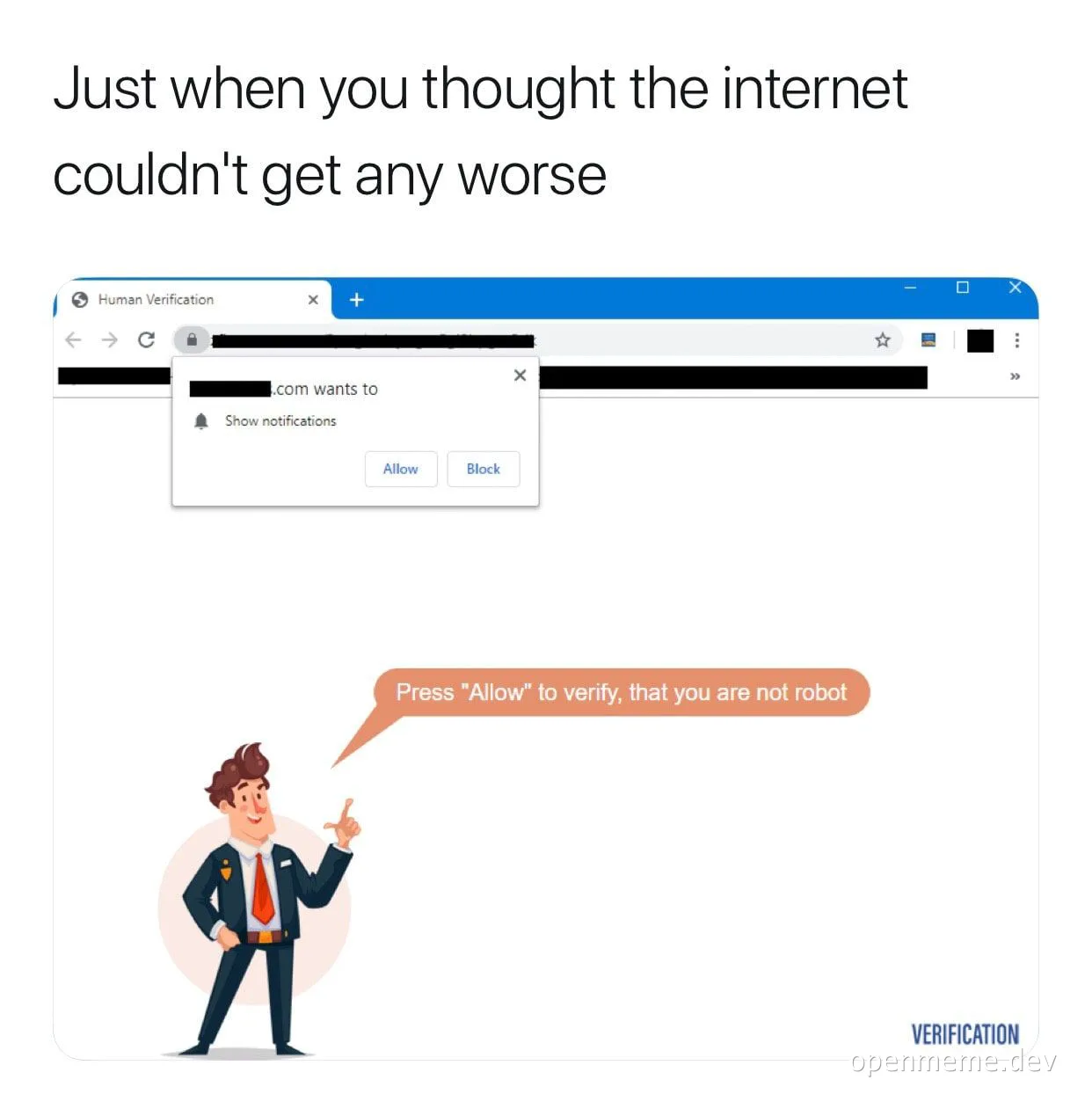 Cartoon man in a suit pointing and saying 'Press Allow to verify, that you are not robot' with a browser popup for human verification
