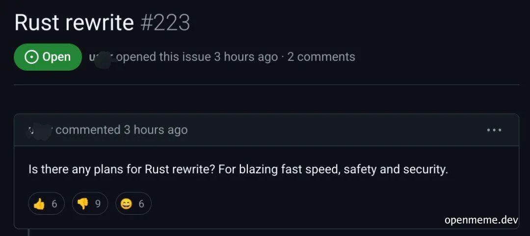 Rust programming language rewrite issue on GitHub