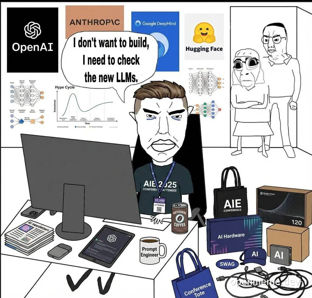 Cartoon man sitting at desk with computer and AI conference swag, surrounded by logos of OpenAI, Anthropic, Google DeepMind, and Hugging Face, with speech bubble saying 'I don't want to build, I need to check the new LLMs'