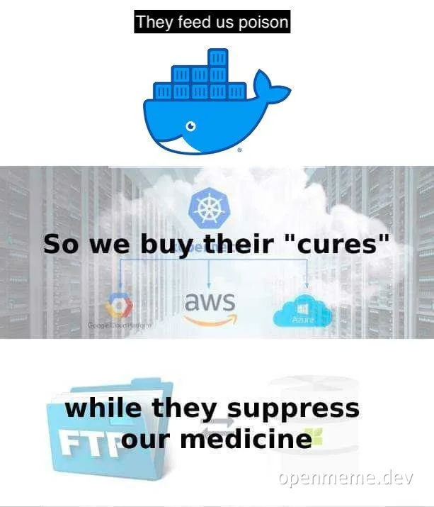Docker whale with containers, cloud services logos, and a first aid kit with text overlay