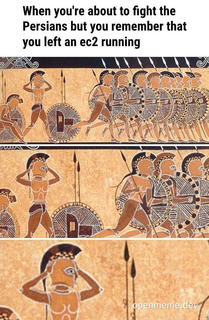 Ancient Greek warriors about to charge into battle, with one suddenly recalling a forgotten EC2 instance.