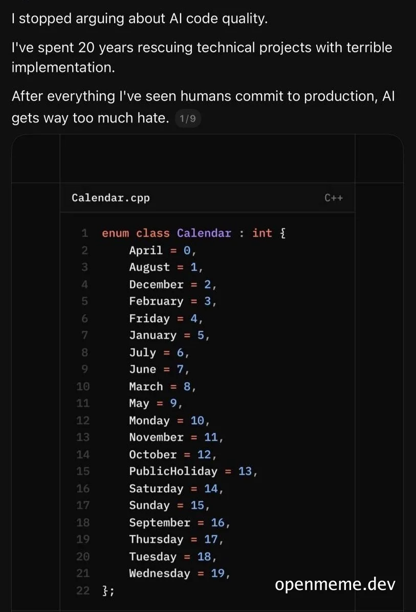 Meme about AI code quality compared to human coding errors
