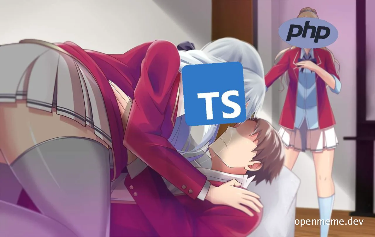 Anime-style meme of a girl kissing a boy while another girl watches with a PHP label over her face and a TS label over the kissing girl's backside