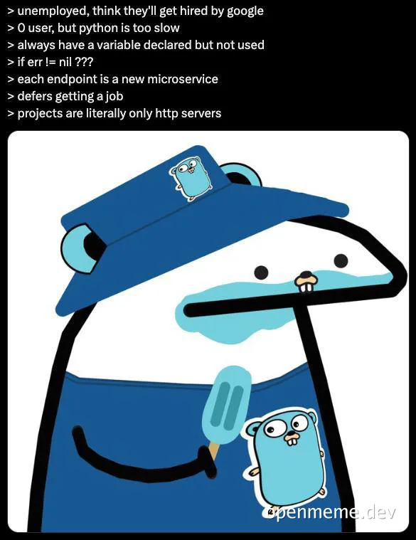 Cartoon hedgehog in blue clothes and hat holding a smaller cartoon character, with text about a stereotypical unemployed programmer