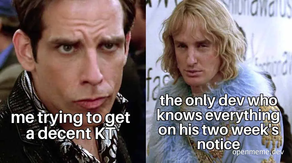 Two character stills with captions about developer knowledge on short notice
