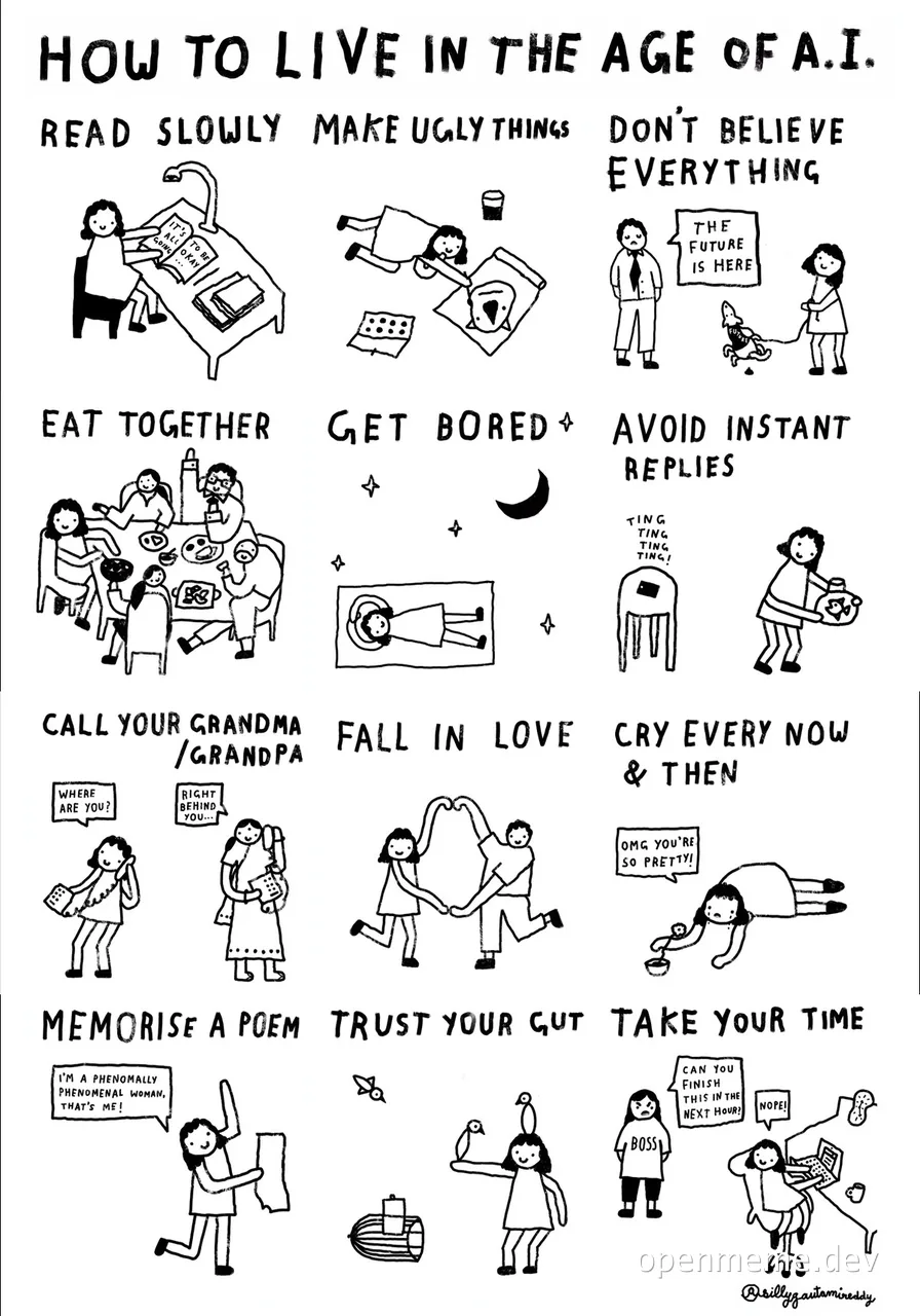 Hand-drawn black-and-white comic strip titled 'How to Live in the Age of A.I.' with panels like read slowly, make ugly things, don't believe everything, eat together, get bored, avoid instant replies, call your grandma, fall in love, cry every now and then, memorise a poem, trust your gut, and take your time.