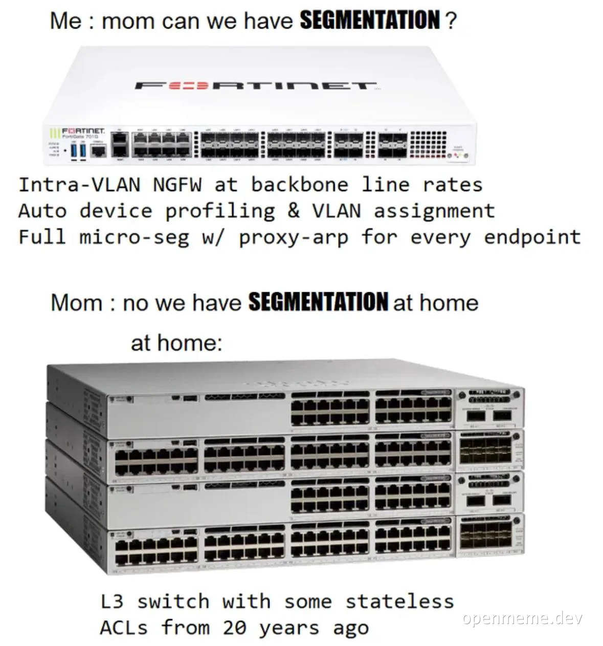 network segmentation meme comparing high-end network equipment to outdated technology