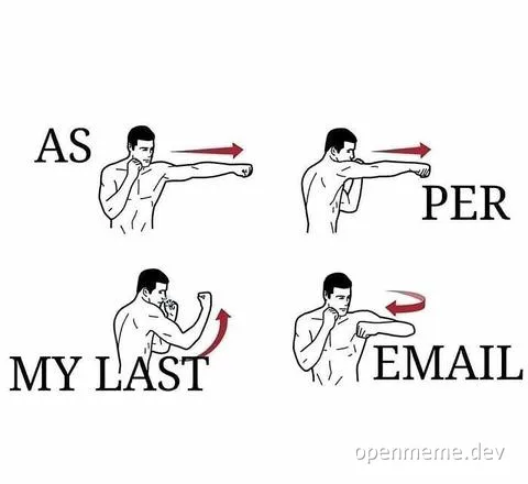 A drawing of a man demonstrating boxing punches with text 'AS PER MY LAST EMAIL'
