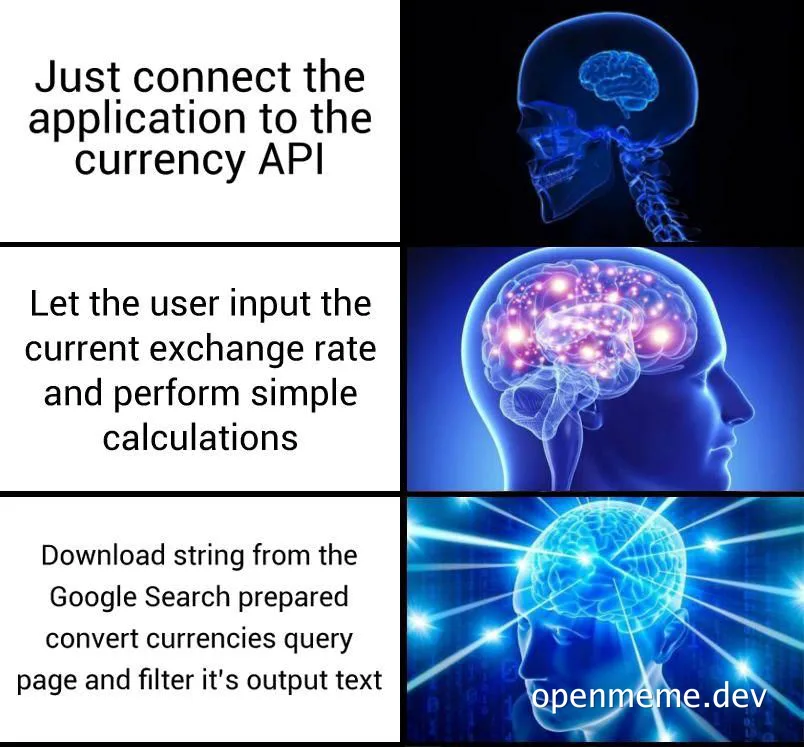 Three-panel brain evolution meme showing a skull, an active brain, and a glowing cybernetic brain next to increasingly