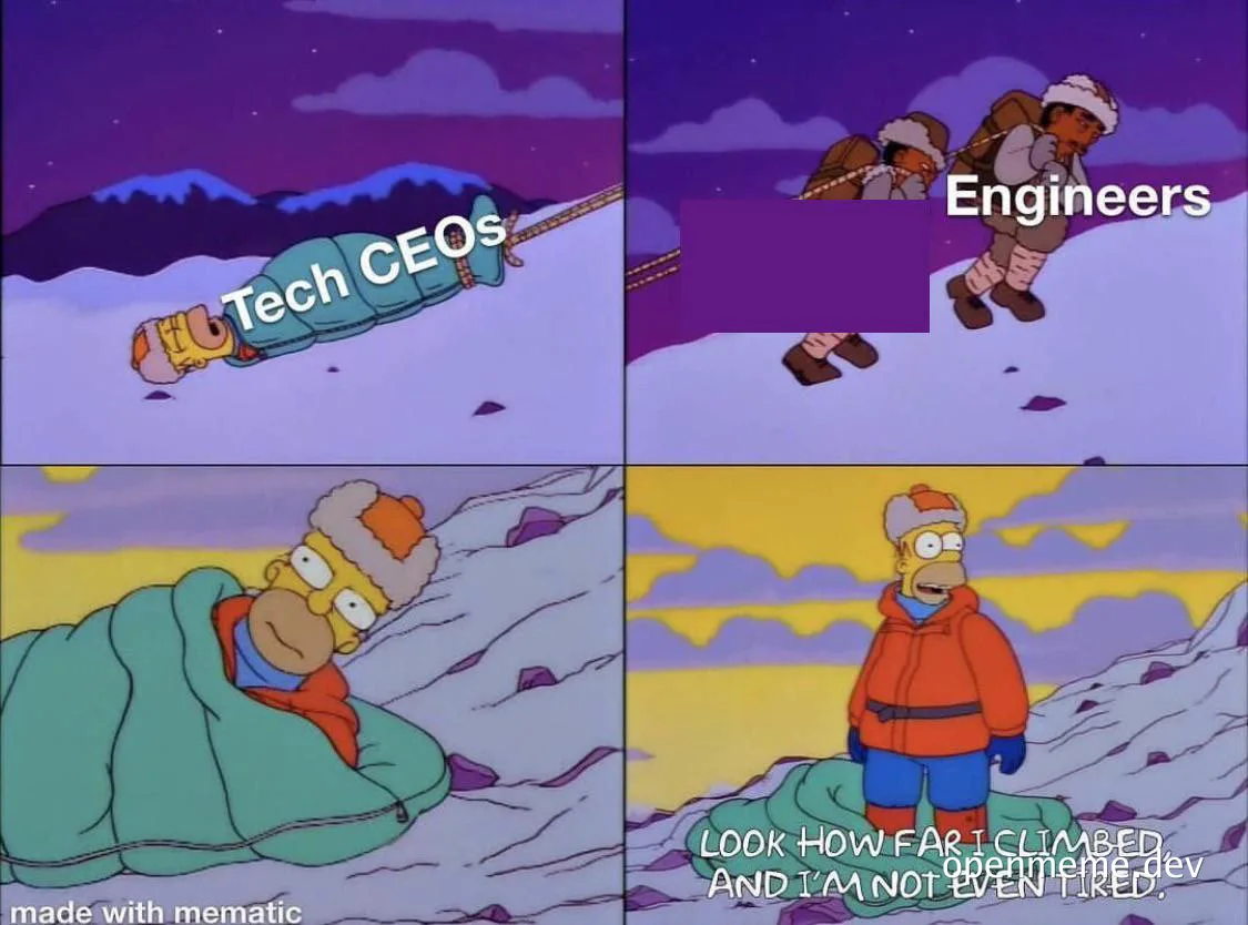 Simpsons meme about tech CEOs and engineers climbing a mountain